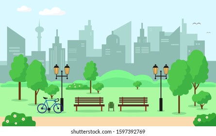 City parc with trees, bench, flowers and buildings. Spring or summer landscape background vector illustration.