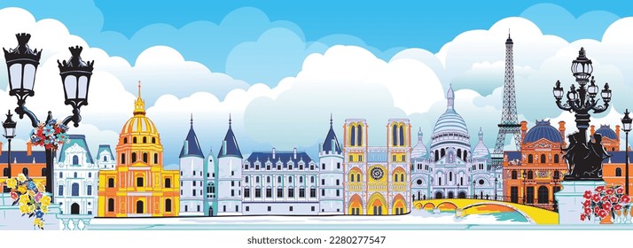 The City of Paris. Beautiful vintage buildings of Paris against the blue sky and white clouds. Paris and its historical sights.