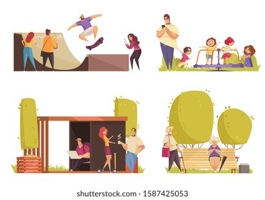 City park 4 flat compositions with kids on carousel skateboarding construction old people knitting walking vector illustration 