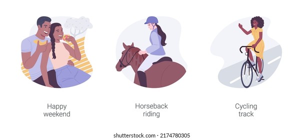 City park activities isolated cartoon vector illustrations set. Happy weekend, horseback riding, cycling track, eating pizza together, biking route, active pastime, leisure time vector cartoon.