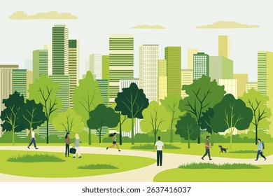 City park against the background of skyscrapers and buildings of a modern city. People are relaxing in the park. Busy park in the city center. Vector illustration of city recreation in the park.