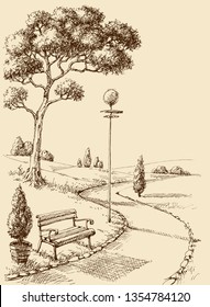 City park alley and bench hand drawing