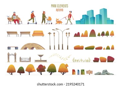City park autumn set of trees architectural elements and walking people cartoon isolated vector illustration