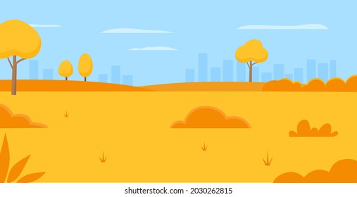 City park in autumn, urban cityscape vector illustration. Cartoon fall landscape with modern skyscraper buildings on horizon, orange nature field, blue sky and trees simple panorama background