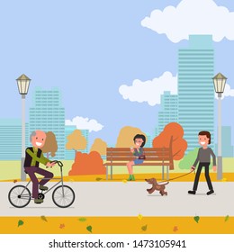 City park in the autumn. Vector illustration, flat style.