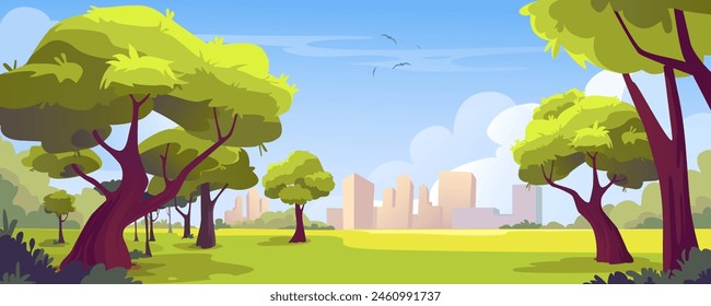 City park background banner in cartoon design. Summer green foliage trees and bushes, meadow for public recreation, skyscrapers at horizon. Cityscape backdrop with garden. Vector cartoon illustration