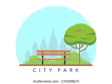 City park background. Garden landscape with bench, green tree and cityscape. Public park emblem. Vector illustration.