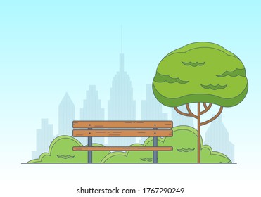 City park background. Garden landscape with bench, green tree and cityscape. Public park emblem. Vector illustration.