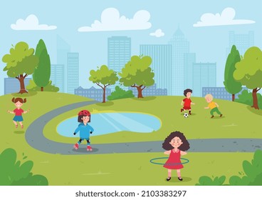 City park background with kids doing sports, cartoon flat vector illustration. Active sporty boys and girls involved in sports and active games outdoors.