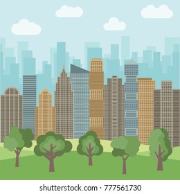 City park in the background of skyscrapers. Vector illustration