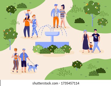 City park background with spending weekend outdoor, flat vector illustration.