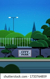 city park banner on fence beautiful night landscape background vertical vector illustration