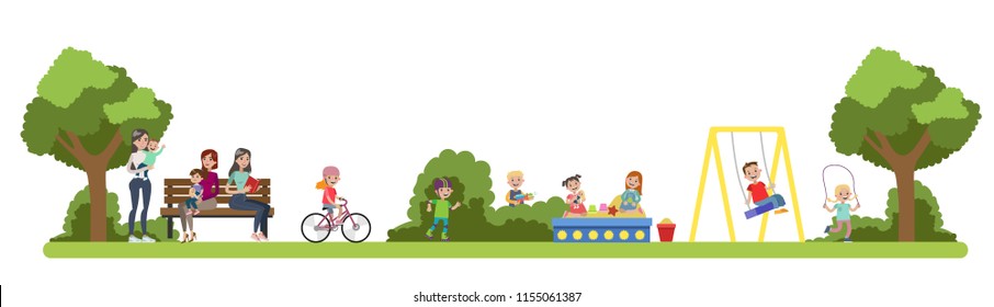 City park with beautiful landscape. Mothers and children relaxing, running and riding bicycles. Kids enjoying playing together. Summer activity. Isolated vector flat illustration