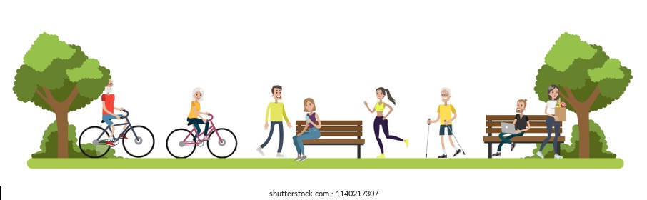 City park with beautiful landscape. People relax in the nature with green trees around, riding bicycles, jogging and sitting on the benches. Isolated vector flat illustration