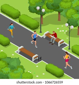 City park. Beautiful young mom pushing stroller with baby. Men resting on a bench. The man reading the newspaper. Flat 3d Vector isometric illustration.