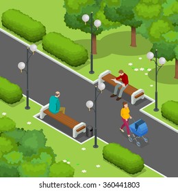 City park. Beautiful young mom pushing stroller with baby. Men resting on a bench. The man reading the newspaper. Flat 3d Vector isometric illustration.