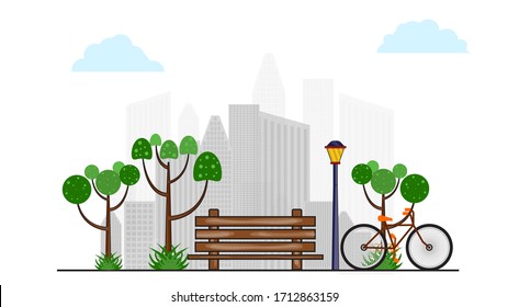 City park with bench with bicycle against high-rise buildings. Landscape with trees, grass, lanterns and benches. Colorful vector square illustration in flat cartoon style.