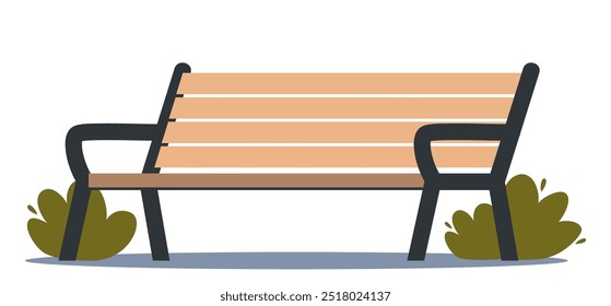 City park bench with bushes. Wooden elements, front view of summer recreation furniture. Empty modern seat. Vector illustration