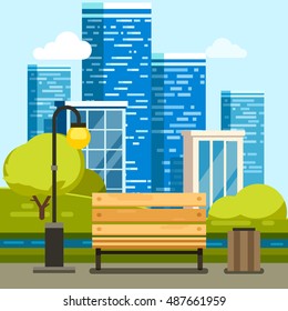 City park with bench with downtown skyscrapers in the background. Modern flat style vector illustration.