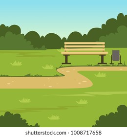 City park bench, green summer landscape, nature background vector illustration
