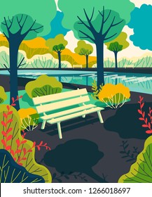 City park bench with lake, trees, bushes. Colorful landscape background. Vector illustration