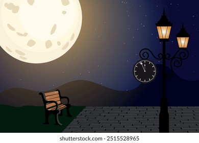 Parque de la ciudad con el paisaje del banco lugar público vacío para caminar con la luna y la farola de las farolas