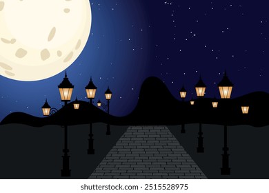 City park with bench landscape empty public place for walking with moon and Streetlights lamppost
