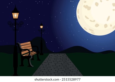Parque de la ciudad con el paisaje del banco lugar público vacío para caminar con la luna y la farola de las farolas
