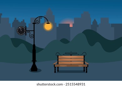 City park with bench landscape empty public place for walking with moon and Streetlights lamppost