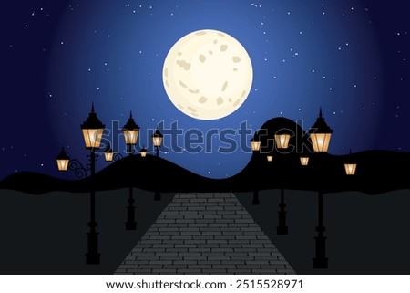 City park with bench landscape empty public place for walking with moon and Streetlights lamppost