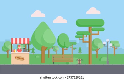 City park with bench, lantern, clouds and fast food stand. Town and city park landscape nature. Flat vector illustration