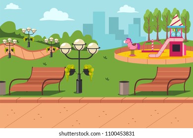 City park with a bench, lanterns and a playground for children. Vector cartoon flat urban landscape illustration.