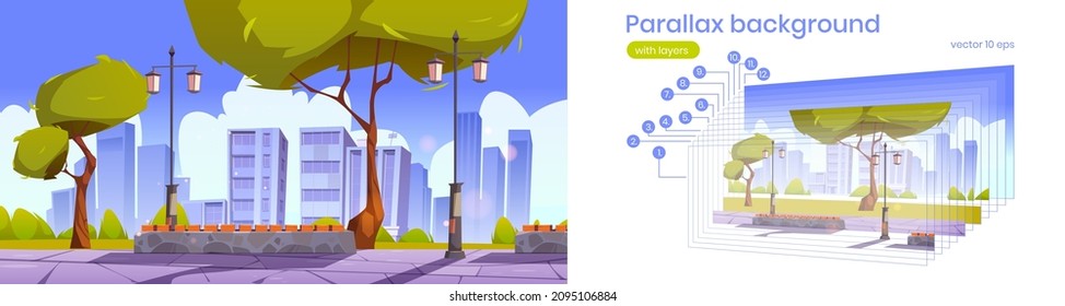 City park with bench, lanterns and town buildings on skyline. Vector parallax background for 2d animation with cartoon summer landscape of empty modern public garden with green trees, grass, bushes,