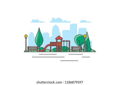 City park bench, lawn and trees, street lamp. Flat style line vector illustration