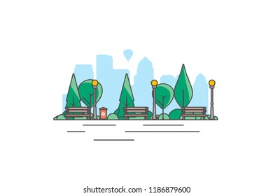 City park bench, lawn and trees, street lamp. Flat style line vector illustration