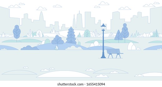 City park bench, lawn and trees, street lamp. Flat style line vector illustration. Park in center of town. Parks and recreation concept.