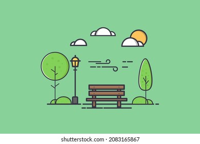 City park bench, lawn and trees, street lamp. Flat style line vector illustration. Green Park in the center of town. Parks and recreation concept illustration.