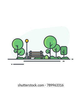 City park bench, lawn and trees, street lamp. Flat style line vector illustration. Green park in center of town. Parks and recreation concept.