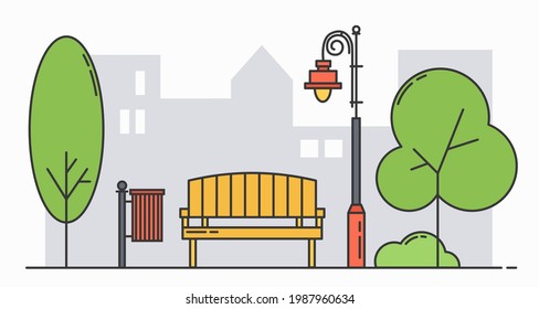 City park, bench, lights and trees. Landscape sketch. Creative horisontal line art color vector illustration isolated on white background.