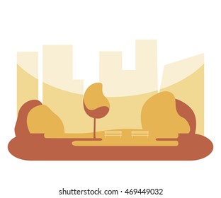 City park with a bench on the background of the city. Vector illustration flat design. Autumn urban landscape icon