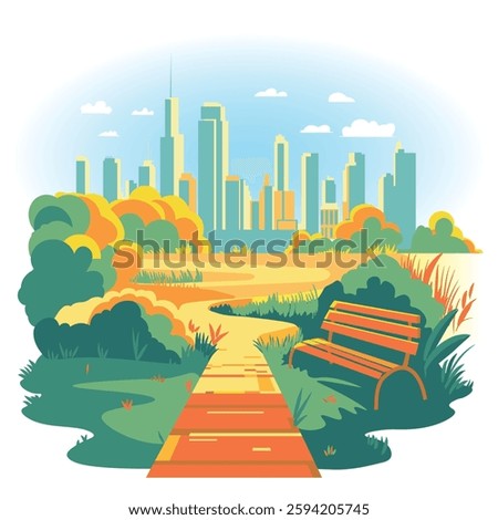 A city park with a bench and a pathway lined with trees and grass, against the backdrop of tall skyscrapers and modern buildings. The idea of a comfortable and eco-friendly city.
