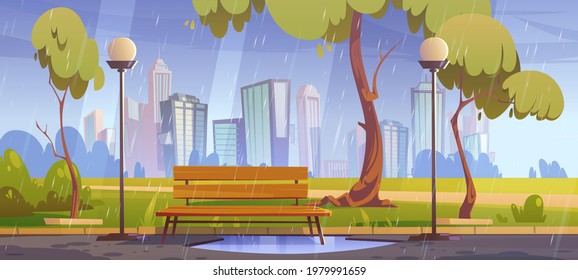 City park with bench at rainy weather, summer or spring rain scenery cityscape background, empty public place with puddle, street lamps and wet pathway. Dull urban garden Cartoon vector illustration