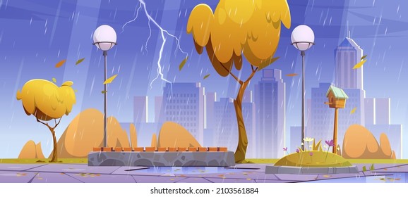 City park with bench at rainy weather, autumn rain scenery cityscape, public place with yellow trees, birdhouse, flowerbed, puddles, street lamps and wet tiled pathway. Cartoon vector illustration