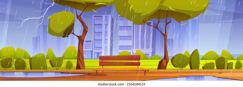 City park with bench at rainy weather, summer or spring rain with lightnings on cityscape background. Public parkland with puddles, empty wet street, dull urban garden, Cartoon vector illustration