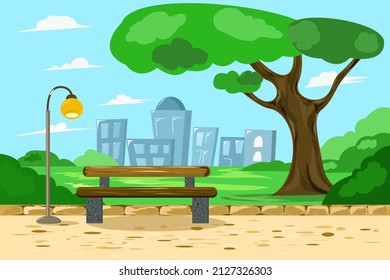 A city park with a bench and a street lamp. With a tree and houses in the background.