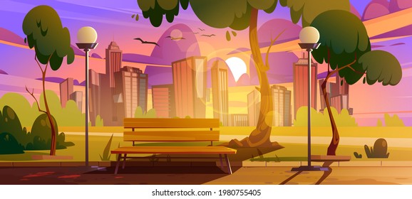 City Park With Bench Sunset Cityscape Summer Or Spring Scenery Landscape, Empty Public Place For Walking And Recreation With Green Trees And Lawn. Urban Garden With Pathway Cartoon Vector Illustration