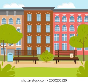 A city park with a bench, trees, grass, flowers, coffee, against the background of multi-storey buildings. Vector illustration in a flat style