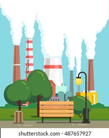 City park bench and trees near air polluting factory pipes. Modern flat style vector illustration.