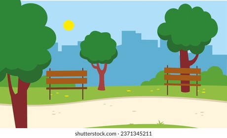 Stadtpark mit Bank und Bäumen. Vektorgrafik im Flachstil.