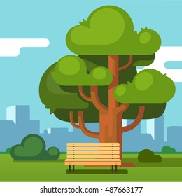 City park bench under a big green oak tree with urban landscape in background. Modern flat style vector illustration.